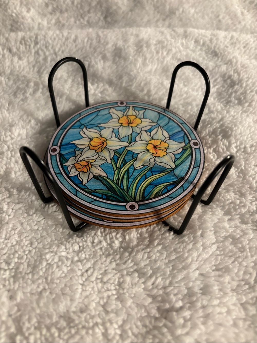 Daffodil Stained-Glass Art Print Coaster Set – Blue & Yellow